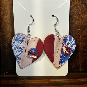 Handcrafted polymer clay Heart-Shaped Red, Blue, and White Earrings